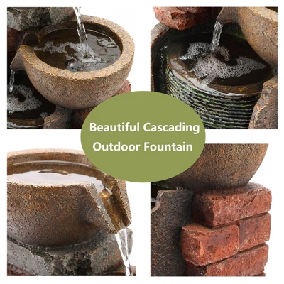 LuxenHome 23" H Bowls And Bricks Resin Outdoor Fountain With Lights Brown 4 LuxenHome 23" H Bowls And Bricks Resin Outdoor Fountain With Lights Brown - Image 2