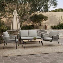 LuxenHome Outdoor Aluminum With PE Rope Loveseat Sofa With Cushions And Coffee Table Set -Garden GUEST 00db5f2c 9020 4309 a38d d7036688d03b