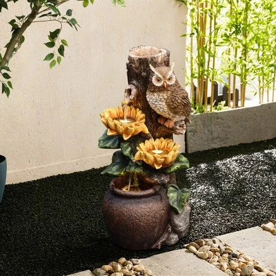 LuxenHome 28 Inch Outdoor Water Fountain, Owl And Sunflower Cascading Waterfall Fountain Outdoor And Indoor With LED Lights Brown 5 LuxenHome 28 Inch Outdoor Water Fountain, Owl And Sunflower Cascading Waterfall Fountain Outdoor And Indoor With LED Lights Brown - Image 3