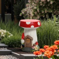LuxenHome Outdoor Side Table, 17" Gnome Mushroom Cement Patio End Table,Indoor And Outdoor Sculpture Accent Side Table,Garden Decor Stool White -Garden GUEST 0454fee4 0b7e 41c4 8f24 12ec9e05a4f7