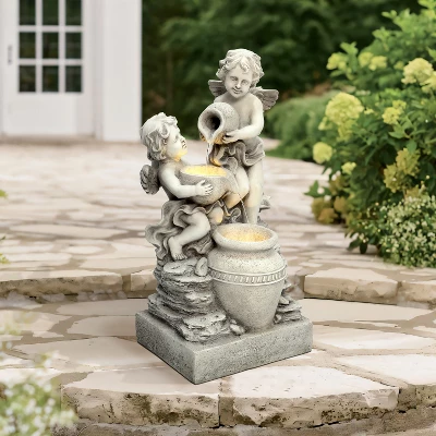 LuxenHome 30” Gray Resin Cherub Angels Outdoor Water Fountain With LED Lights, Garden Fountain Decor For Yard 6 LuxenHome 30” Gray Resin Cherub Angels Outdoor Water Fountain With LED Lights, Garden Fountain Decor For Yard - Image 4