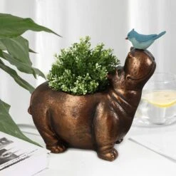 LuxenHome Brown Hippo And Blue Bird MgO Flower Pot Planter 26 LuxenHome Brown Hippo And Blue Bird MgO Flower Pot Planter -Garden GUEST 0900ed12 54c2 47a1 8acc 02f0d0b7a032