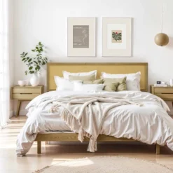 LuxenHome Natural Finish Rubberwood With Rattan Panel Headboard, Queen Brown -Garden GUEST 090efe25 7d4c 4ddb b818 7c644fc4ad36