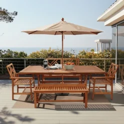 LuxenHome Carmel Solid Wood Extendable Outdoor Dining Table Brown -Garden GUEST 094541f4 ec29 45dc a1d5 1cb60555ba1e
