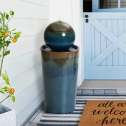 LuxenHome 30" Ceramic Outdoor Water Fountain, Glazed Blue Bubbling Sphere Garden Water Fountain Outdoor And Indoor -Garden GUEST 09729998 c670 4491 919d 81d5a47dc879