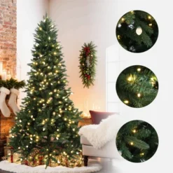LuxenHome 7.5Ft Pre-Lit Green Slender Artificial Fir Christmas Tree With Metal Stand