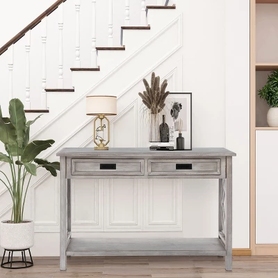 LuxenHome Gray Wood 2-Drawer 1-Shelf Console And Entryway Table 3 LuxenHome Gray Wood 2-Drawer 1-Shelf Console And Entryway Table