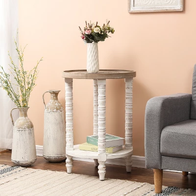 LuxenHome White And Natural Wood Round Accent Side Table With Storage. 4 LuxenHome White And Natural Wood Round Accent Side Table With Storage. - Image 2