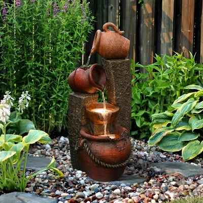 LuxenHome 32" Water Fountain Outdoor With Lights, Cascading Pitchers Pot Outdoor Fountains And Waterfalls Brown 3 LuxenHome 32" Water Fountain Outdoor With Lights, Cascading Pitchers Pot Outdoor Fountains And Waterfalls Brown