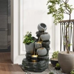 LuxenHome 30" Garden Water Fountain, 4 Tiers Cascading Pots & Rock Cascading Waterfall Fountain Outdoor With LED Lights Gray -Garden GUEST 0bdbea3e 9e18 4360 b385 6f783d11a104