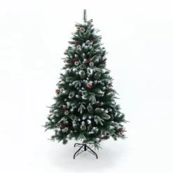 LuxenHome 6Ft Pre-Lit Artificial Pine Christmas Tree With Frosted Tips, Pinecones, And Red Berries Green -Garden GUEST 0be7f9ab d0d2 410f bdb6 90416f1eed4f