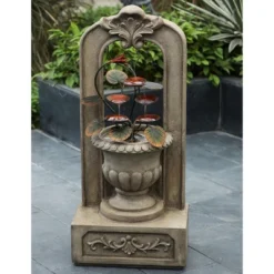 LuxenHome 40.35 In. H Arched Cement Urn With Metal Flowers Outdoor Fountain Beige