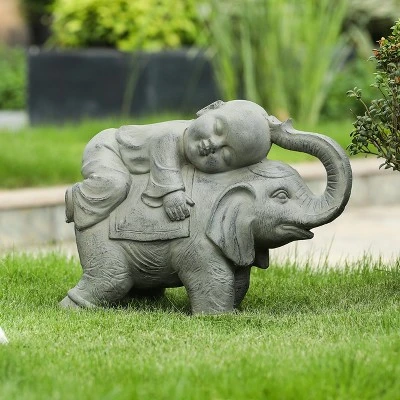 LuxenHome 14.5" Gray MgO Buddha Monk And Elephant Garden Statue 3 LuxenHome 14.5" Gray MgO Buddha Monk And Elephant Garden Statue