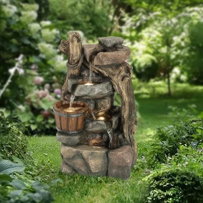 LuxenHome Resin Stacked Rock Wall And Barrel Outdoor Fountain With Lights Brown 5 LuxenHome Resin Stacked Rock Wall And Barrel Outdoor Fountain With Lights Brown - Image 3