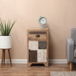 LuxenHome Wood Farmhouse 1-Drawer 1-Door Side Table With Storage.