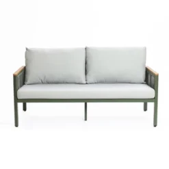 LuxenHome Outdoor Aluminum With Wood-Style Plastic Loveseat Sofa With Cushions And Coffee Table Set -Garden GUEST 106c2e2e 1dfa 4dc2 a3eb 5d2dd650454c