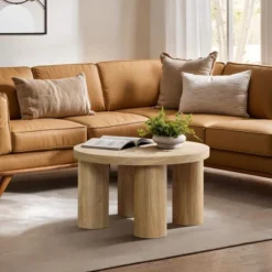 LuxenHome Round Wood Coffee Table With 4 Pillar Legs, 27.5" Modern Farmhouse Oak Finish Low Accent Table With Sturdy Base For Living Room Brown -Garden GUEST 11e86fed 80f8 4e0f a355 6f7fadd75016