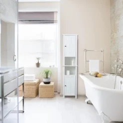 LuxenHome White MDF Wood 67-Inch Tall Tower Bathroom Linen Cabinet -Garden GUEST 14773b3a b415 43a0 96b3 87e3d6e4fb14