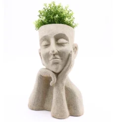 LuxenHome Speckled Beige MgO Thoughtful Bust Head Planter -Garden GUEST 158d6dda 4319 40d5 8309 3c68ac07765e