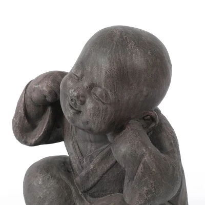 LuxenHome 14.17" Weathered Brown MgO Happy Buddha Monk Garden Statue 5 LuxenHome 14.17" Weathered Brown MgO Happy Buddha Monk Garden Statue - Image 3