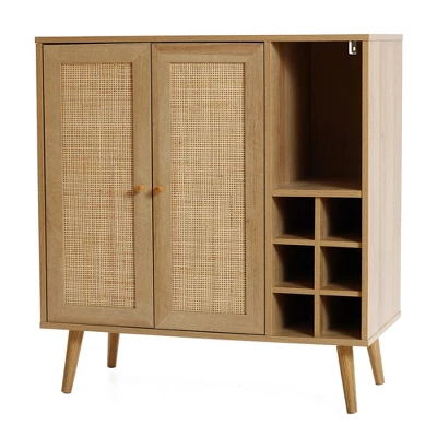 LuxenHome 35" Tall 2-Door Rattan Light Oak Finish Wood Wine And Storage Cabinet Brown 10 LuxenHome 35" Tall 2-Door Rattan Light Oak Finish Wood Wine And Storage Cabinet Brown - Image 8