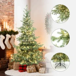 LuxenHome 7Ft Pre-Lit Artificial Pine Christmas Tree With Dusty Green PE Tips & Metal Stand