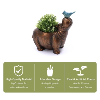 LuxenHome Brown Hippo And Blue Bird MgO Flower Pot Planter 5 LuxenHome Brown Hippo And Blue Bird MgO Flower Pot Planter - Image 3