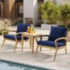 LuxenHome Outdoor Acacia Wood Side Table And Set Of 2 Armchairs With Blue Cushions -Garden GUEST 1a697964 6166 4c35 9706 ec91deaf33e7