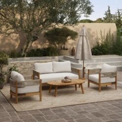 LuxenHome Outdoor Acacia Wood With Rope Sides Club Loveseat With Cushions And Coffee Table -Garden GUEST 1af59623 81a4 402b 823f ea5a0a4345d7
