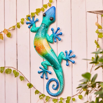LuxenHome Blue Gecko Lizard Metal And Glass Outdoor Wall Decor 3 LuxenHome Blue Gecko Lizard Metal And Glass Outdoor Wall Decor