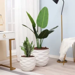 LuxenHome White MgO 15.2-Inch H Waves Design Round Planter -Garden GUEST 1eca67c2 a43e 4391 a42d a3ae4bf14939