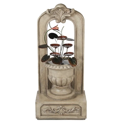 LuxenHome 40.35 In. H Arched Cement Urn With Metal Flowers Outdoor Fountain Beige 9 LuxenHome 40.35 In. H Arched Cement Urn With Metal Flowers Outdoor Fountain Beige - Image 7