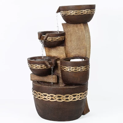 LuxenHome Brown Resin Tiered Bowls And Pot Outdoor Fountain 4 LuxenHome Brown Resin Tiered Bowls And Pot Outdoor Fountain - Image 2