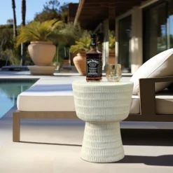 LuxenHome Outdoor Side Table, 15" Off White Round Spiral Pattern End Table,Accent Side Table For Outdoor And Indoor,Living Room,Backyard Off-White -Garden GUEST 236a8d24 c8c9 4626 b561 5c67448c00cc