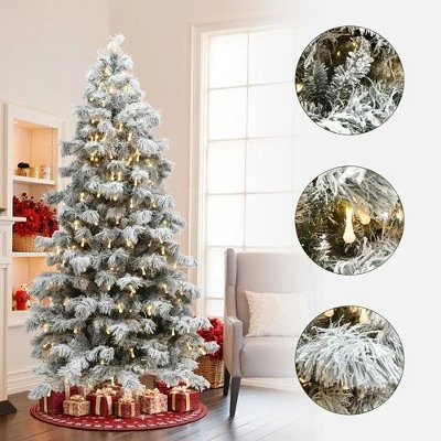 LuxenHome 7.5Ft Snow-Flocked Cedar Christmas Tree Pre-Lit With Teardrop LED Lights & Hinged Branches Green 3 LuxenHome 7.5Ft Snow-Flocked Cedar Christmas Tree Pre-Lit With Teardrop LED Lights & Hinged Branches Green