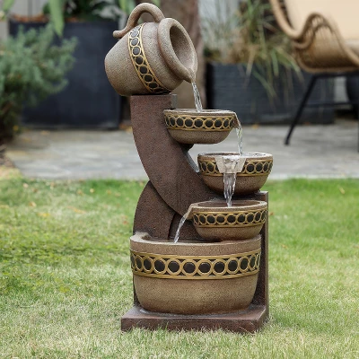 LuxenHome Brown Resin Cascading Pitchers Outdoor Fountain 4 LuxenHome Brown Resin Cascading Pitchers Outdoor Fountain - Image 2