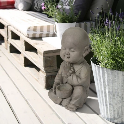 LuxenHome 12.01" Gray MgO Meditating Buddha Monk With Bowl And Beads Garden Statue 4 LuxenHome 12.01" Gray MgO Meditating Buddha Monk With Bowl And Beads Garden Statue - Image 2