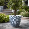 LuxenHome Round Tapered Planter – Blue And White Floral MgO Pot With Drainage Hole