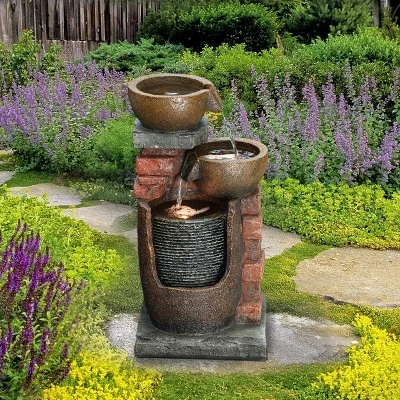 LuxenHome 23" H Bowls And Bricks Resin Outdoor Fountain With Lights Brown 5 LuxenHome 23" H Bowls And Bricks Resin Outdoor Fountain With Lights Brown - Image 3