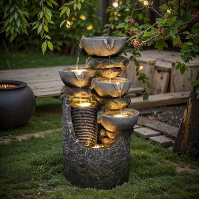 LuxenHome 25" Small Water Fountain Outdoor, Cascading Bowl Garden Water Features With LED Lights Gray 4 LuxenHome 25" Small Water Fountain Outdoor, Cascading Bowl Garden Water Features With LED Lights Gray - Image 2