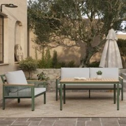 LuxenHome 4-Piece Outdoor Aluminum With Wood-Style Plastic Patio Set With Cushions -Garden GUEST 35970aa8 97ad 4264 9726 ca0552be9738