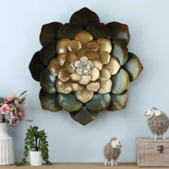 LuxenHome Green, Gold, And White Metal Flower Wall Decor -Garden GUEST 414400b8 64e6 4f9a abb2 701c821234b4