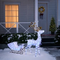 LuxenHome 2-Piece White Reindeer And Sleigh With Silver Bow And Ornaments Outdoor Holiday Decoration With Lights White, Multi, Silver, Brown -Garden GUEST 430197c2 2eee 41e9 8739 97b3b91b7ff2