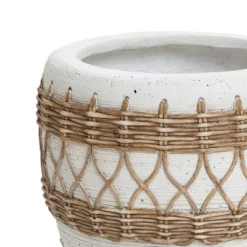 LuxenHome Boho MgO Planter – White Round Pot With Brown Accents & Drainage Hole -Garden GUEST 432616d3 f0b6 4deb 9158 c5b5c4577530