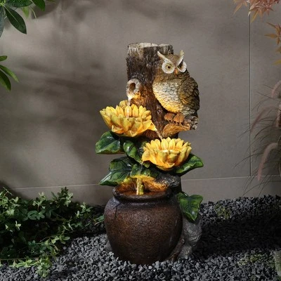 LuxenHome 28 Inch Outdoor Water Fountain, Owl And Sunflower Cascading Waterfall Fountain Outdoor And Indoor With LED Lights Brown 4 LuxenHome 28 Inch Outdoor Water Fountain, Owl And Sunflower Cascading Waterfall Fountain Outdoor And Indoor With LED Lights Brown - Image 2