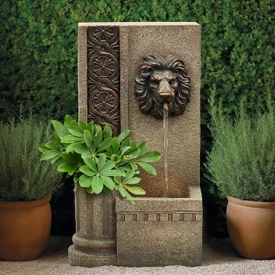 LuxenHome 25.8" H Sandstone Resin Regal Lion Head Floor Outdoor Water Fountain With Lights Brown 3 LuxenHome 25.8" H Sandstone Resin Regal Lion Head Floor Outdoor Water Fountain With Lights Brown