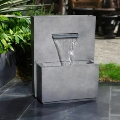 LuxenHome 26" Resin Cascading Gray With Speckled Black Rectangle Resin Garden Outdoor Water Fountain With Planter