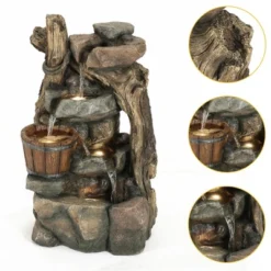 LuxenHome Resin Stacked Rock Wall And Barrel Outdoor Fountain With Lights Brown 12 LuxenHome Resin Stacked Rock Wall And Barrel Outdoor Fountain With Lights Brown -Garden GUEST 49ec9a67 f447 4034 8794 8ab56011b70c
