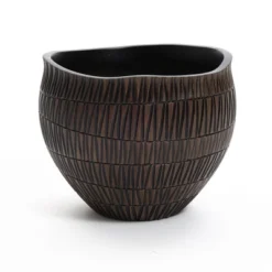 LuxenHome Brown With Black V-Pattern Polyresin 10-Inch Round Planter -Garden GUEST 4d657394 4ec6 43c1 a2bc 607fe88a7212