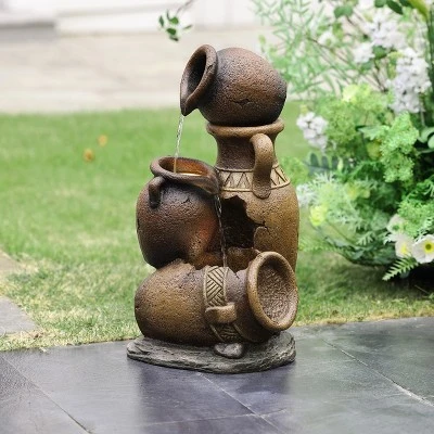 LuxenHome Brown Urns Resin Outdoor Fountain With Lights 6 LuxenHome Brown Urns Resin Outdoor Fountain With Lights - Image 4